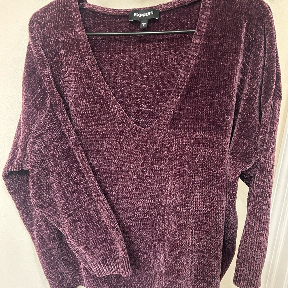 Express Chenille V-Neck Sweater | Berry Purple | Size Large